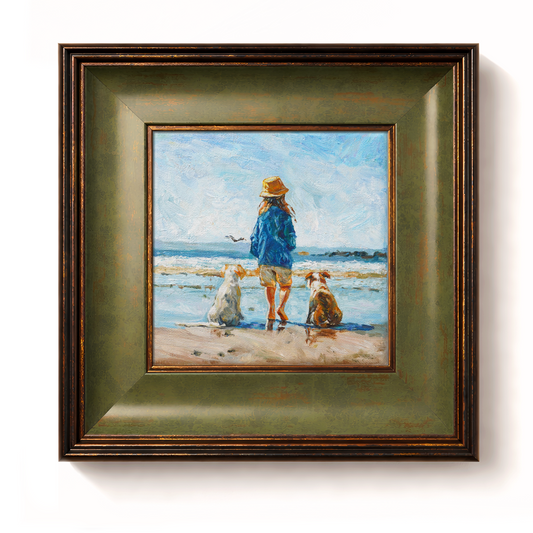 Original Coastal Girl with Dogs Oil Painting
