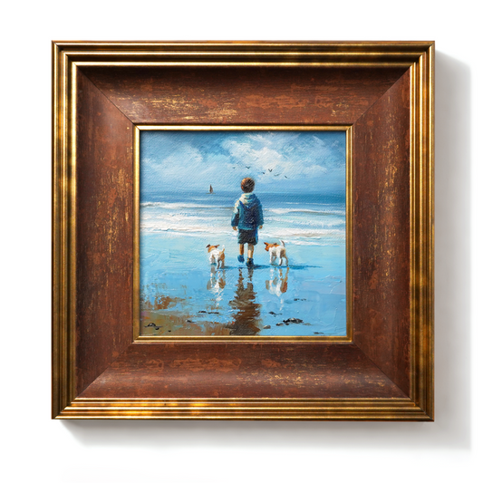 Original Coastal Boy with Dogs Oil Painting