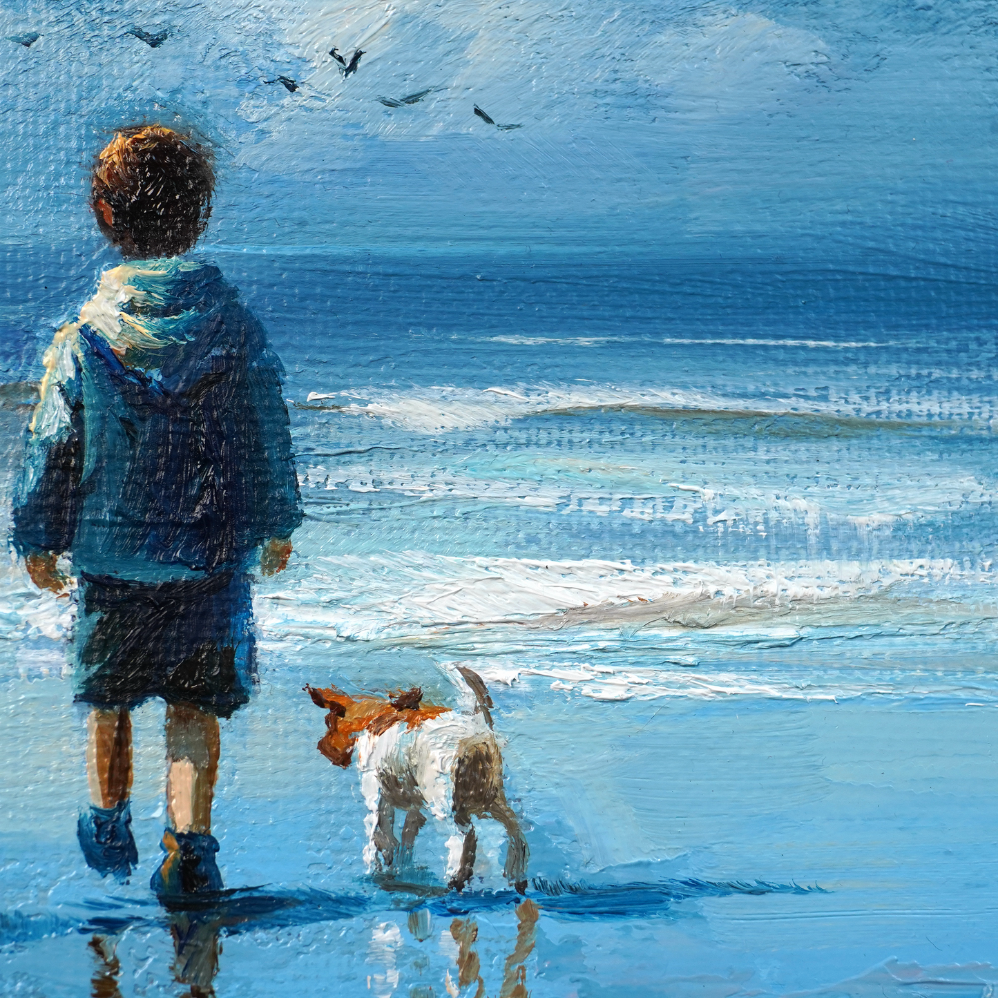 Original Coastal Boy with Dogs Oil Painting