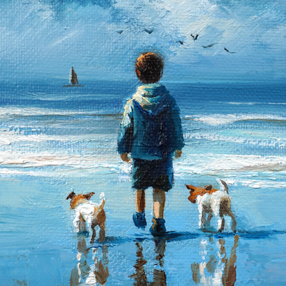 Original Coastal Boy with Dogs Oil Painting