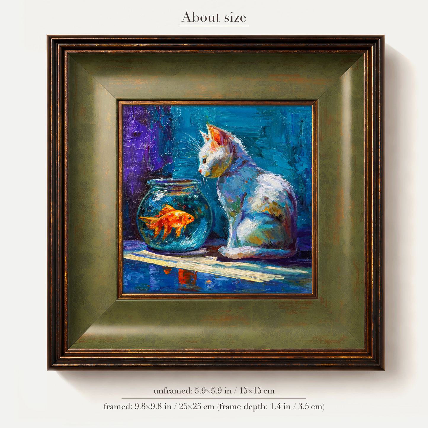 Original White Cat & Goldfish Oil Painting