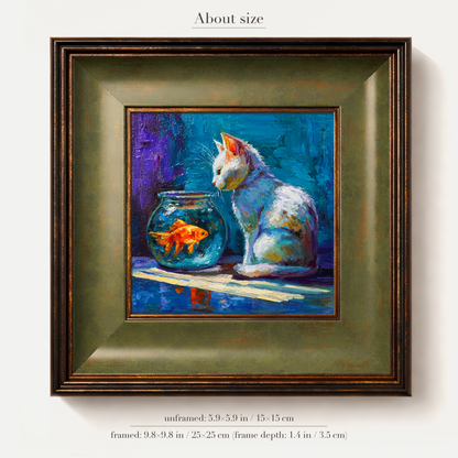 Original White Cat & Goldfish Oil Painting