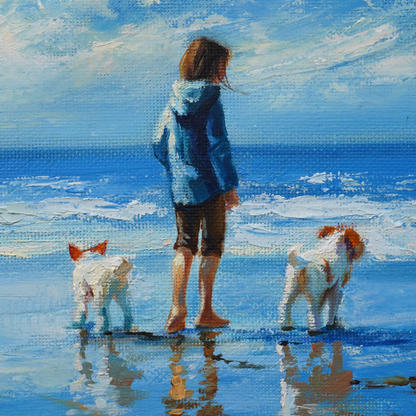 Original Beach Girl with Dogs Oil Painting
