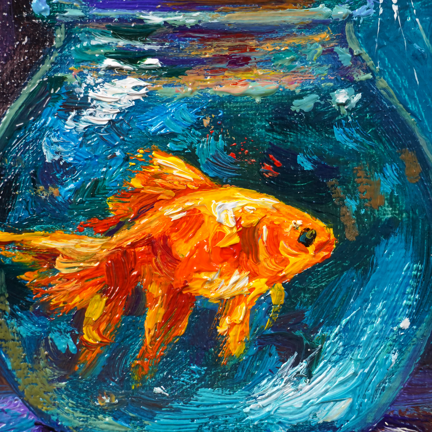 Original White Cat & Goldfish Oil Painting