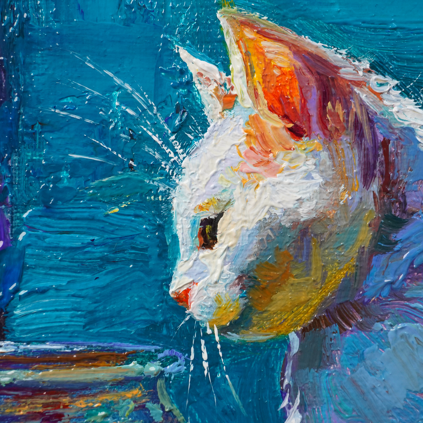 Original White Cat & Goldfish Oil Painting