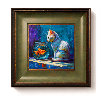 Original White Cat & Goldfish Oil Painting