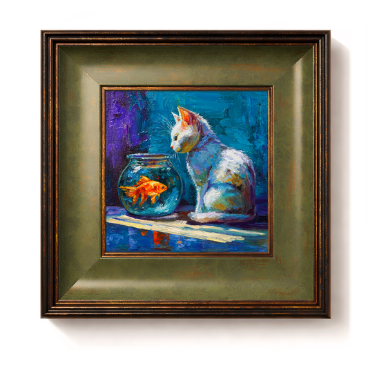 Original White Cat & Goldfish Oil Painting