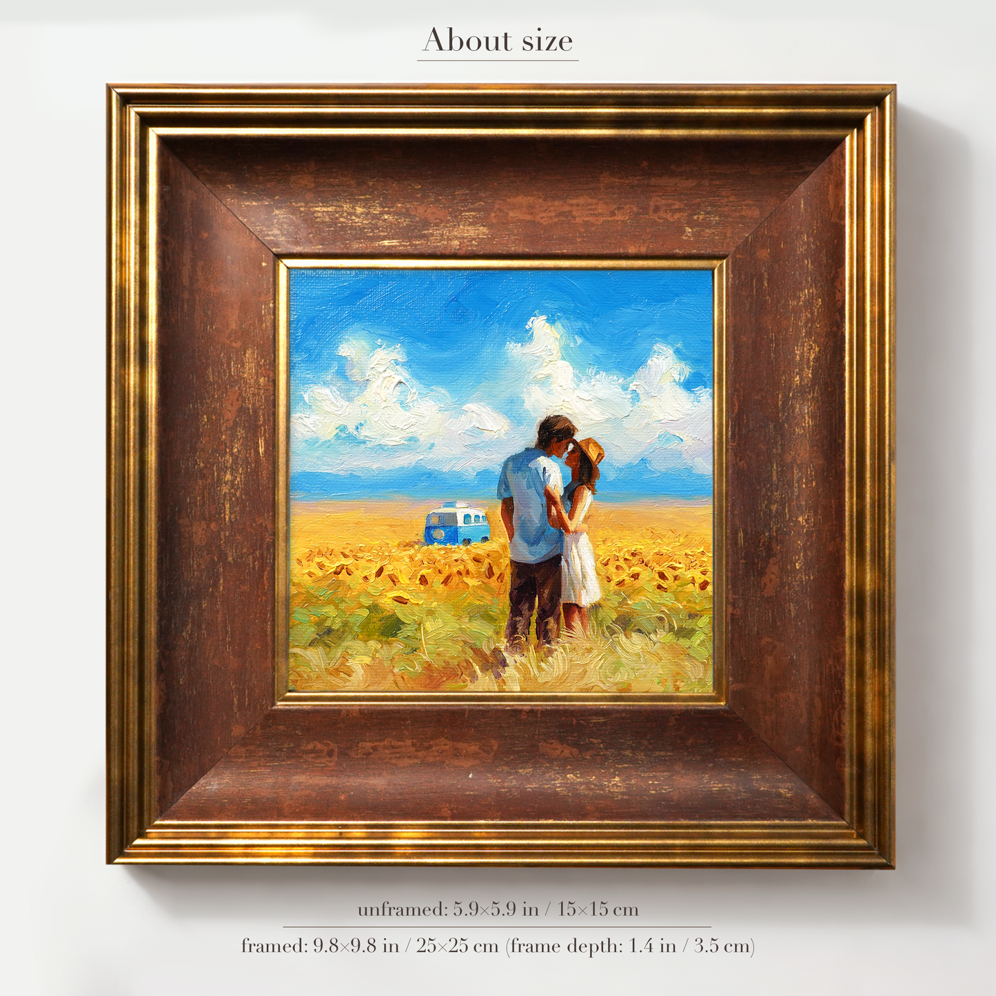 Original Sunflower Field Couple & Minibus Oil Painting