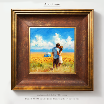 Original Sunflower Field Couple & Minibus Oil Painting