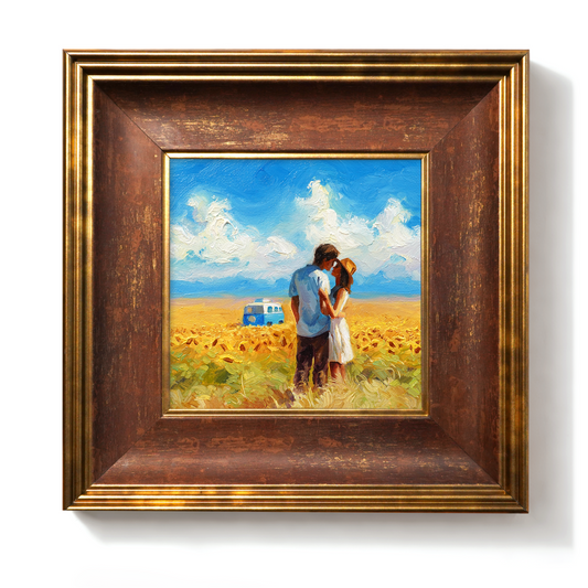 Original Sunflower Field Couple & Minibus Oil Painting