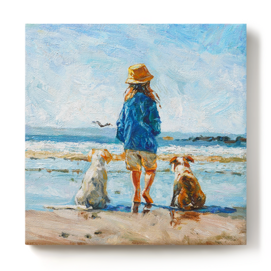Original Coastal Girl with Dogs Oil Painting