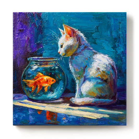 Original White Cat & Goldfish Oil Painting