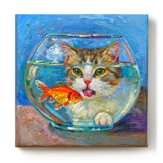 Original Cat & Goldfish Aquarium Oil Painting