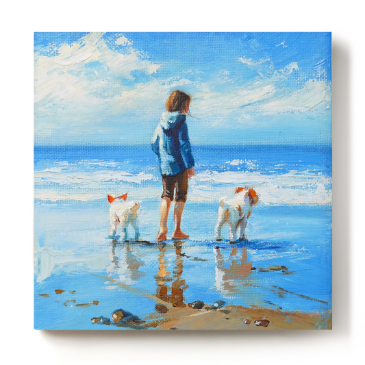 Original Beach Girl with Dogs Oil Painting
