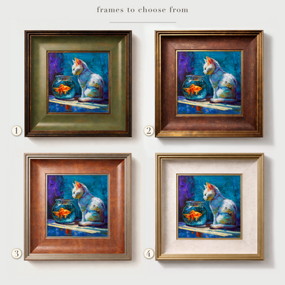 Original White Cat & Goldfish Oil Painting