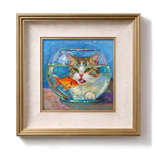 Original Cat & Goldfish Aquarium Oil Painting