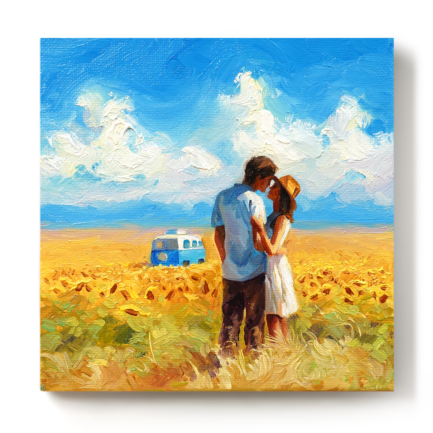 Original Sunflower Field Couple & Minibus Oil Painting