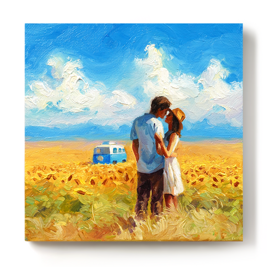Original Sunflower Field Couple & Minibus Oil Painting