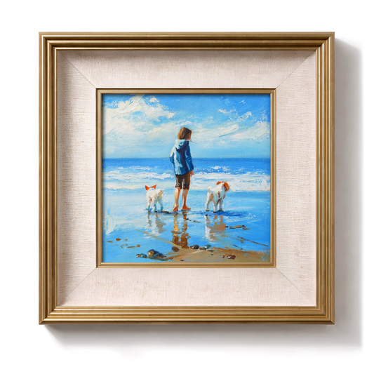 Original Beach Girl with Dogs Oil Painting